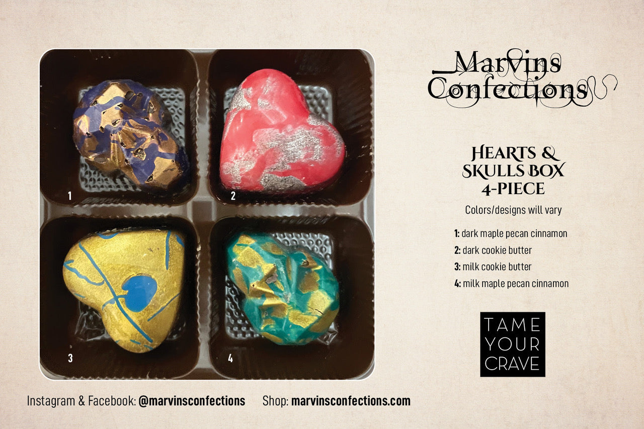 Hearts and Skulls 4-Piece Gift Box by Marvin's Confections, a charming old-world chocolate shop in Charlotte, North Carolina.